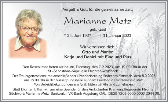 Traueranzeige von Marianne Metz von Allgäuer Zeitung, Füssen