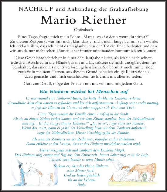 Traueranzeige von Mario Riether von Der Westallgäuer