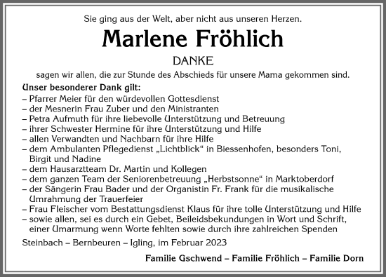 Traueranzeige von Marlene Fröhlich von Allgäuer Zeitung, Marktoberdorf