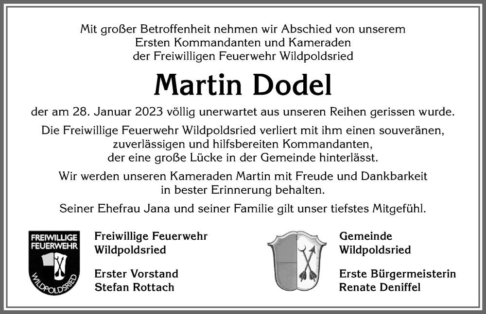 Traueranzeige für Martin Dodel vom 02.02.2023 aus Allgäuer Zeitung,Kempten