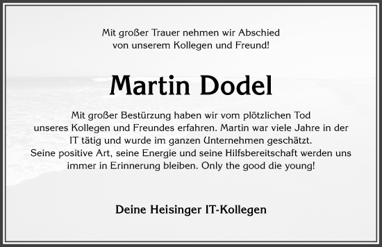 Traueranzeige von Martin Dodel von Allgäuer Zeitung,Kempten
