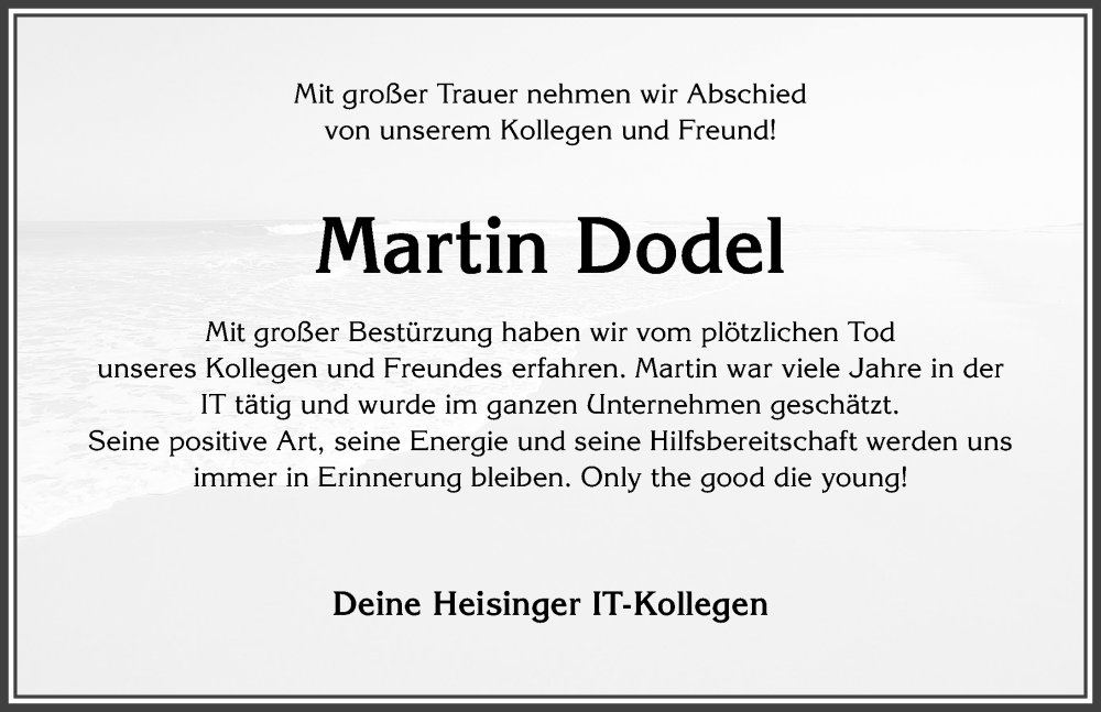  Traueranzeige für Martin Dodel vom 02.02.2023 aus Allgäuer Zeitung,Kempten