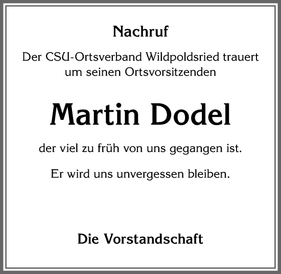 Traueranzeige von Martin Dodel von Allgäuer Zeitung,Kempten
