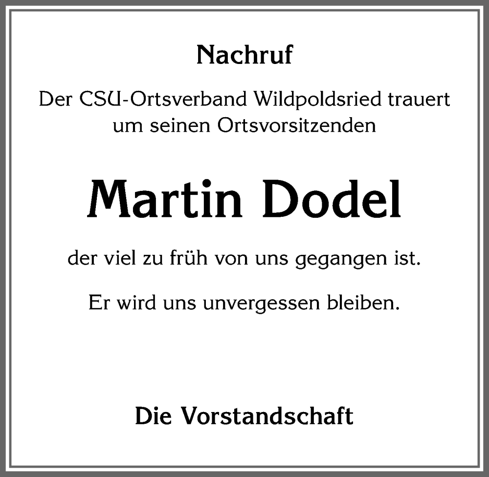  Traueranzeige für Martin Dodel vom 02.02.2023 aus Allgäuer Zeitung,Kempten