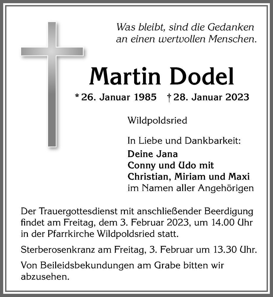  Traueranzeige für Martin Dodel vom 01.02.2023 aus Allgäuer Zeitung,Kempten