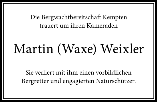 Traueranzeige von Martin Weixler von Allgäuer Zeitung,Kempten