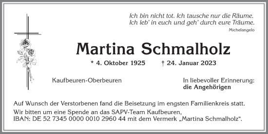 Traueranzeige von Martina Schmalholz von Allgäuer Zeitung, Kaufbeuren/Buchloe