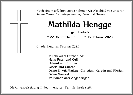 Traueranzeige von Mathilda Hengge von Allgäuer Anzeigeblatt