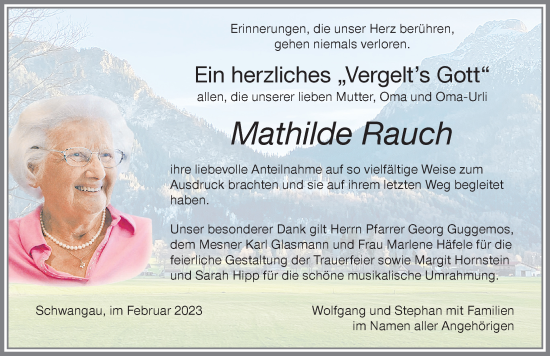 Traueranzeige von Mathilde Rauch von Allgäuer Zeitung, Füssen