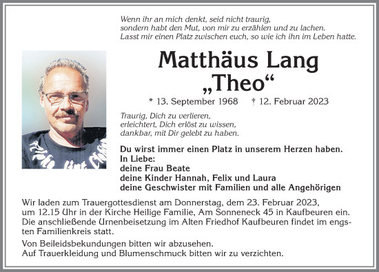 Traueranzeige von Matthäus Lang von Allgäuer Zeitung, Kaufbeuren/Buchloe