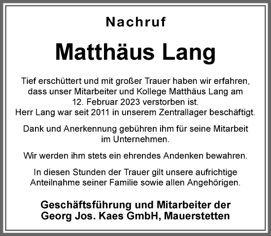 Traueranzeige von Matthäus Lang von Allgäuer Zeitung, Kaufbeuren/Buchloe