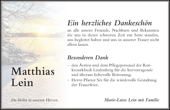 Traueranzeige von Matthias Lein von Der Westallgäuer