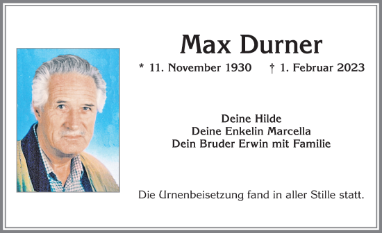 Traueranzeige von Max Durner von Allgäuer Zeitung, Kaufbeuren/Buchloe