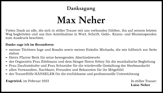 Traueranzeige von Max Neher von Memminger Zeitung