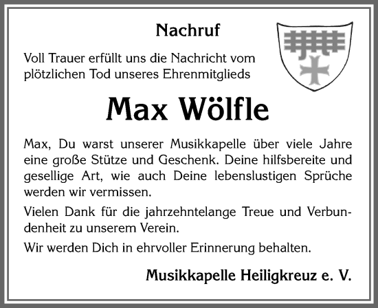 Traueranzeige von Max Wölfle von Allgäuer Zeitung,Kempten