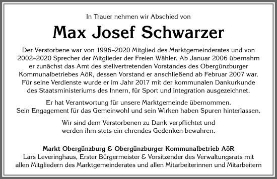 Traueranzeige von Max Josef Schwarzer von Allgäuer Zeitung, Marktoberdorf