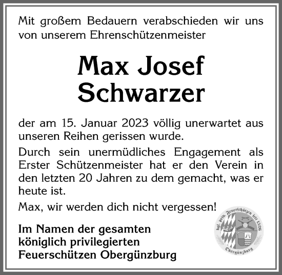 Traueranzeige von Max Josef Schwarzer von Allgäuer Zeitung, Marktoberdorf