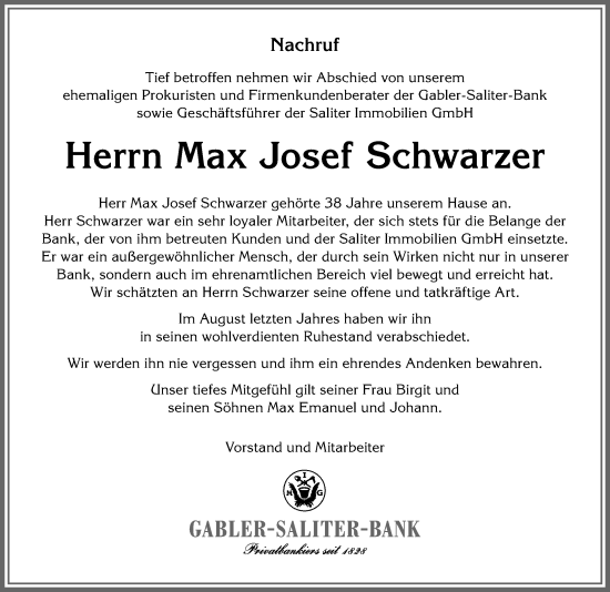 Traueranzeige von Max Josef Schwarzer von Allgäuer Zeitung, Marktoberdorf