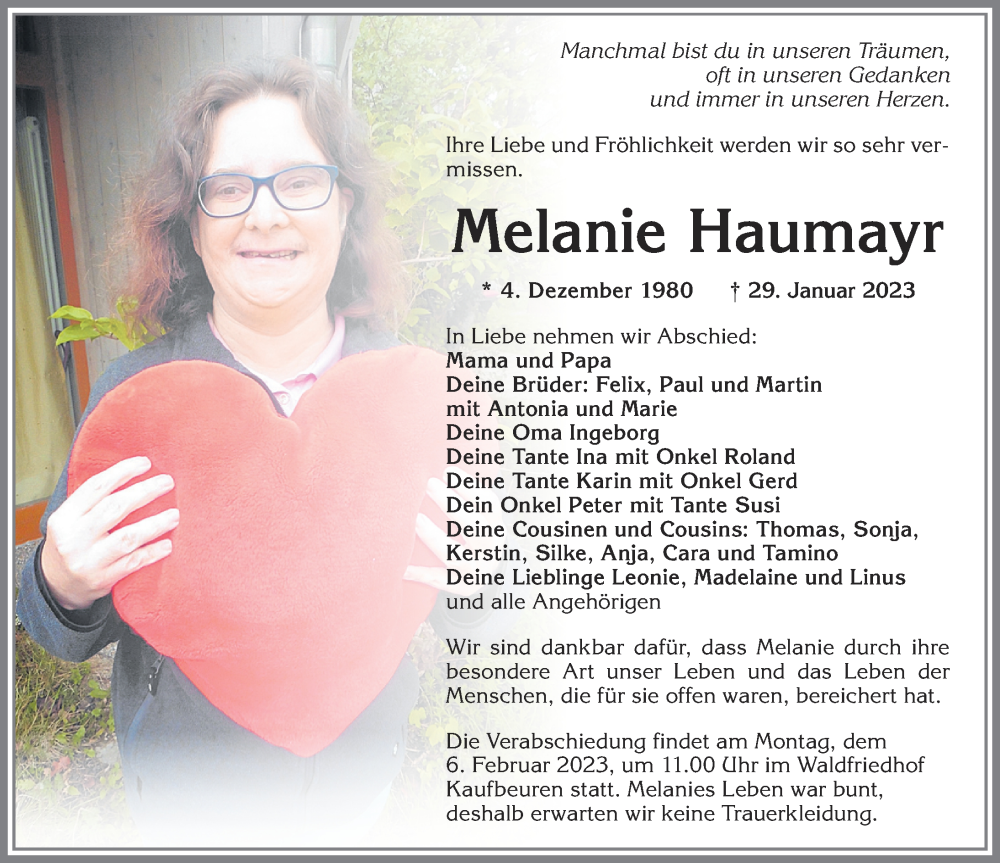  Traueranzeige für Melanie Haumayr vom 03.02.2023 aus Allgäuer Zeitung, Kaufbeuren/Buchloe