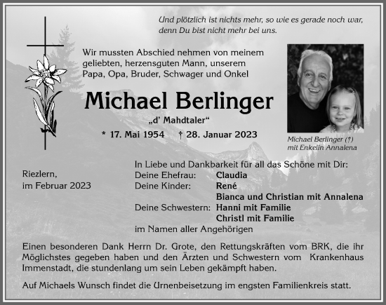 Traueranzeige von Michael Berlinger von Allgäuer Anzeigeblatt