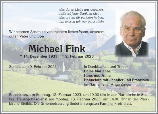 Traueranzeige von Michael Fink von Allgäuer Anzeigeblatt