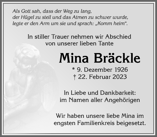 Traueranzeige von Mina Bräckle von Memminger Zeitung