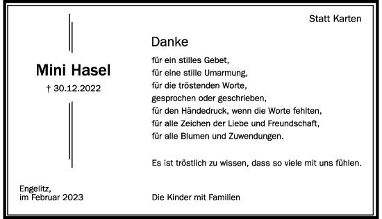 Traueranzeige von Mini Hasel von Der Westallgäuer