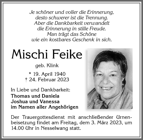 Traueranzeige von Mischi Feike von Allgäuer Zeitung,Kempten
