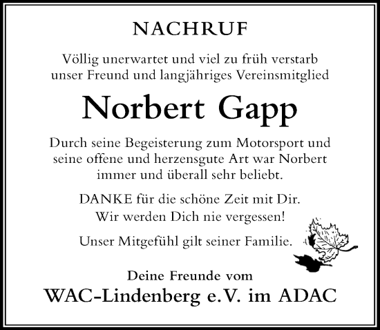 Traueranzeige von Norbert Gapp von Der Westallgäuer