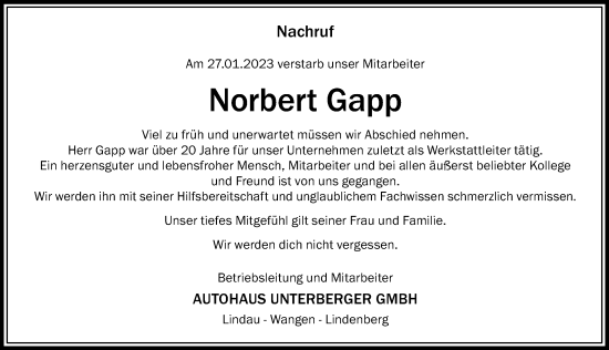 Traueranzeige von Norbert Gapp von Der Westallgäuer