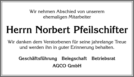 Traueranzeige von Norbert Pfeilschifter von Allgäuer Zeitung, Marktoberdorf