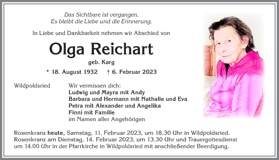 Traueranzeige von Olga Reichart von Allgäuer Zeitung,Kempten