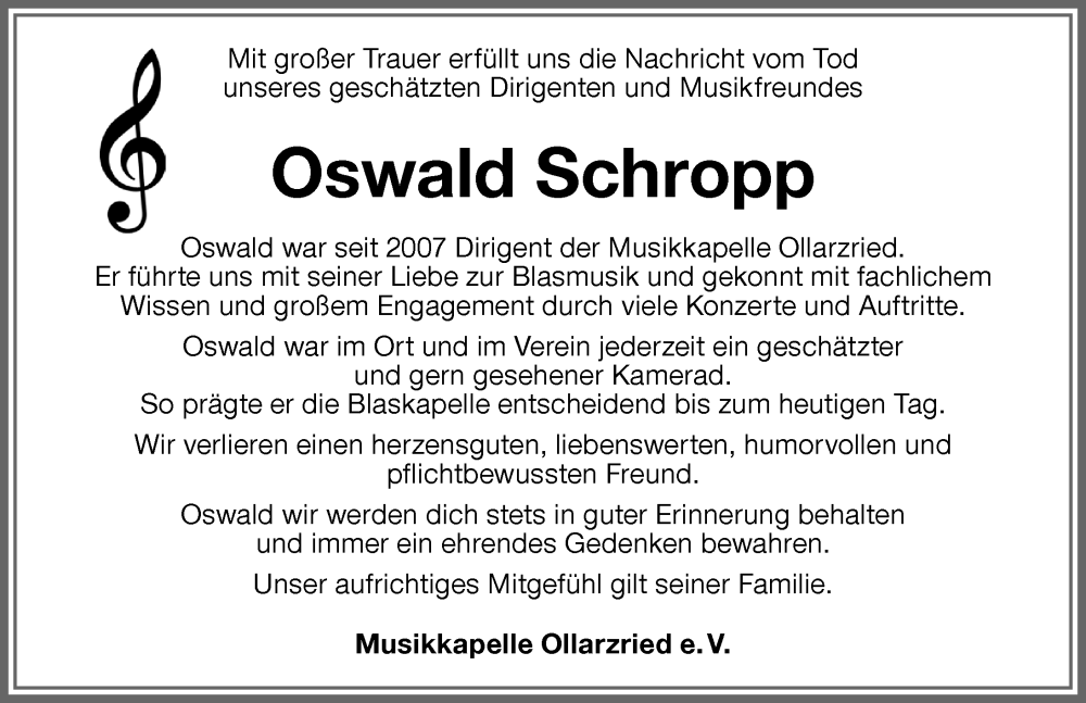  Traueranzeige für Oswald Schropp vom 23.02.2023 aus Memminger Zeitung