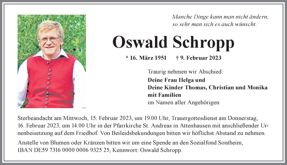  Traueranzeige für Oswald Schropp vom 13.02.2023 aus Memminger Zeitung