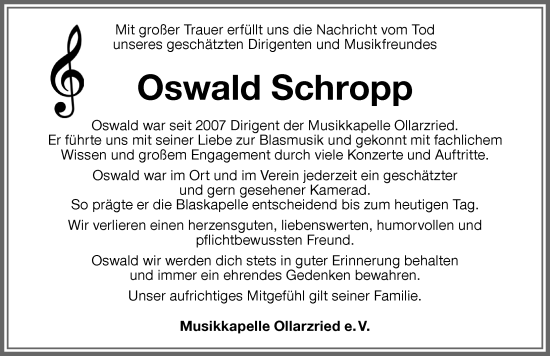 Traueranzeige von Oswald Schropp von Memminger Zeitung