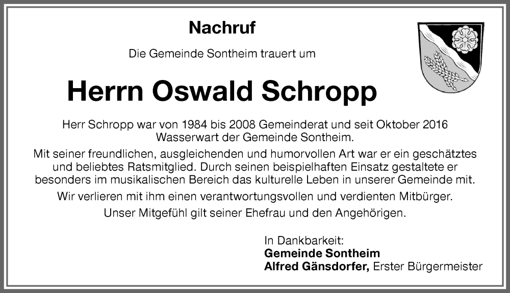  Traueranzeige für Oswald Schropp vom 16.02.2023 aus Memminger Zeitung