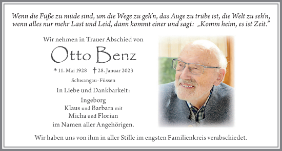 Traueranzeige von Otto Benz von Allgäuer Zeitung, Füssen
