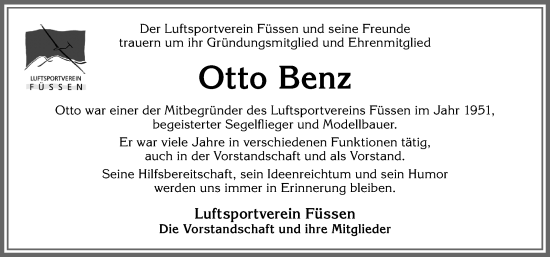 Traueranzeige von Otto Benz von Allgäuer Zeitung, Füssen