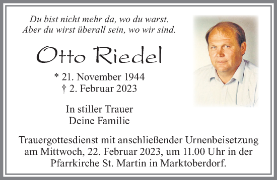 Traueranzeige von Otto Riedel von Allgäuer Zeitung, Marktoberdorf