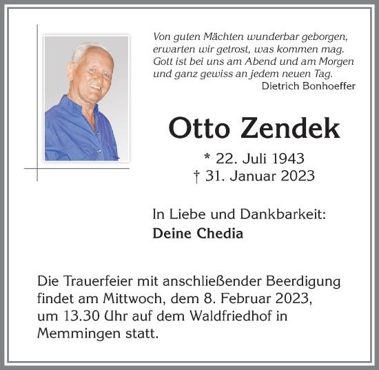Traueranzeige von Otto Zendek von Memminger Zeitung