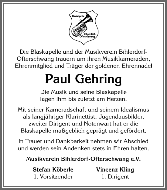 Traueranzeige von Paul Gehring von Allgäuer Anzeigeblatt