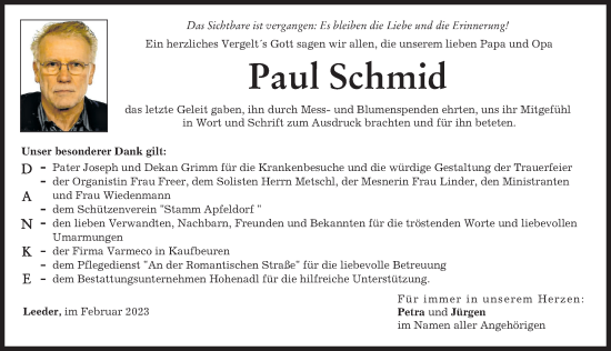 Traueranzeige von Paul Schmid von Augsburger Allgemeine, Landsberger Tagblatt