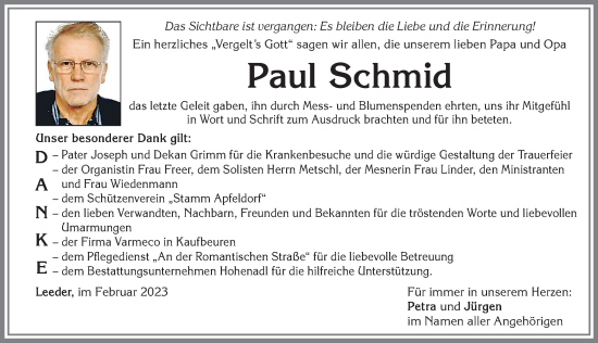 Traueranzeige von Paul Schmid von Allgäuer Zeitung, Kaufbeuren/Buchloe