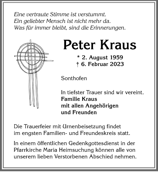 Traueranzeige von Peter Kraus von Allgäuer Anzeigeblatt