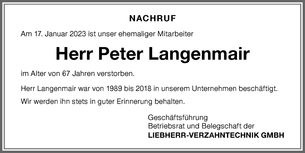  Traueranzeige für Peter Langenmair vom 02.02.2023 aus Allgäuer Zeitung,Kempten