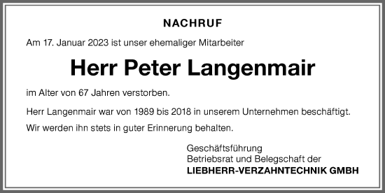 Traueranzeige von Peter Langenmair von Allgäuer Zeitung,Kempten