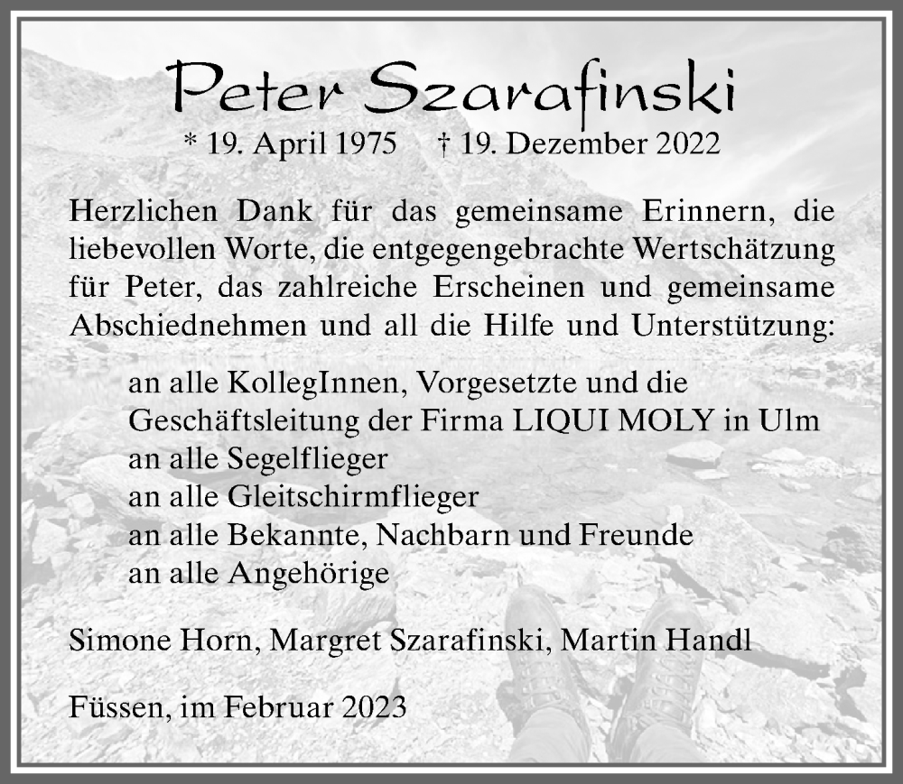  Traueranzeige für Peter Szarafinski vom 11.02.2023 aus Allgäuer Zeitung, Füssen