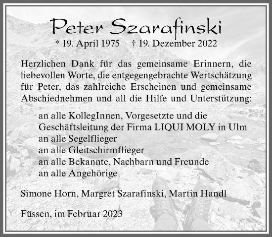 Traueranzeige von Peter Szarafinski von Allgäuer Zeitung, Füssen