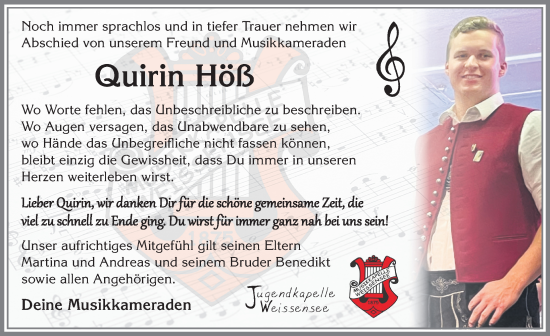 Traueranzeige von Quirin Höß von Allgäuer Zeitung, Füssen