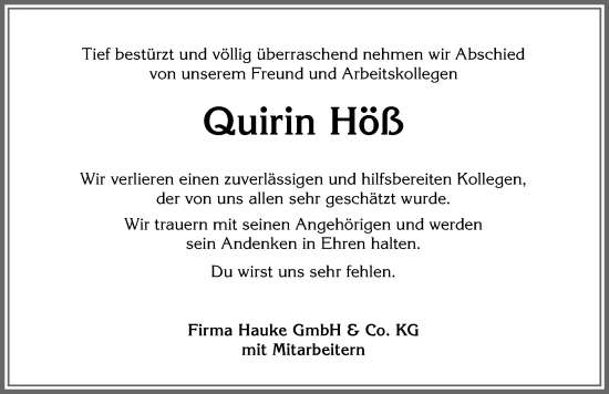 Traueranzeige von Quirin Höß von Allgäuer Zeitung, Füssen
